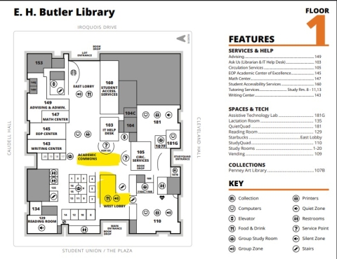 Butler 1st floor floorplan with west lobby and academic commons highlighted