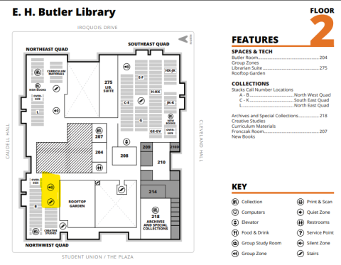 Butler 2nd floor floorplan with area across from Curriculum Lab highlighted