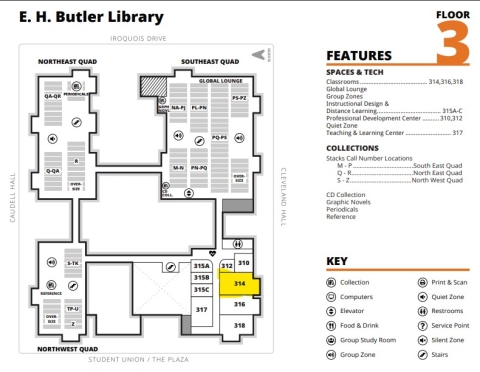 Butler 3rd floor floorplan with Butler 314 highlighted