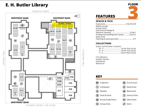 Butler 3rd floor floorplan with global lounge highlighted